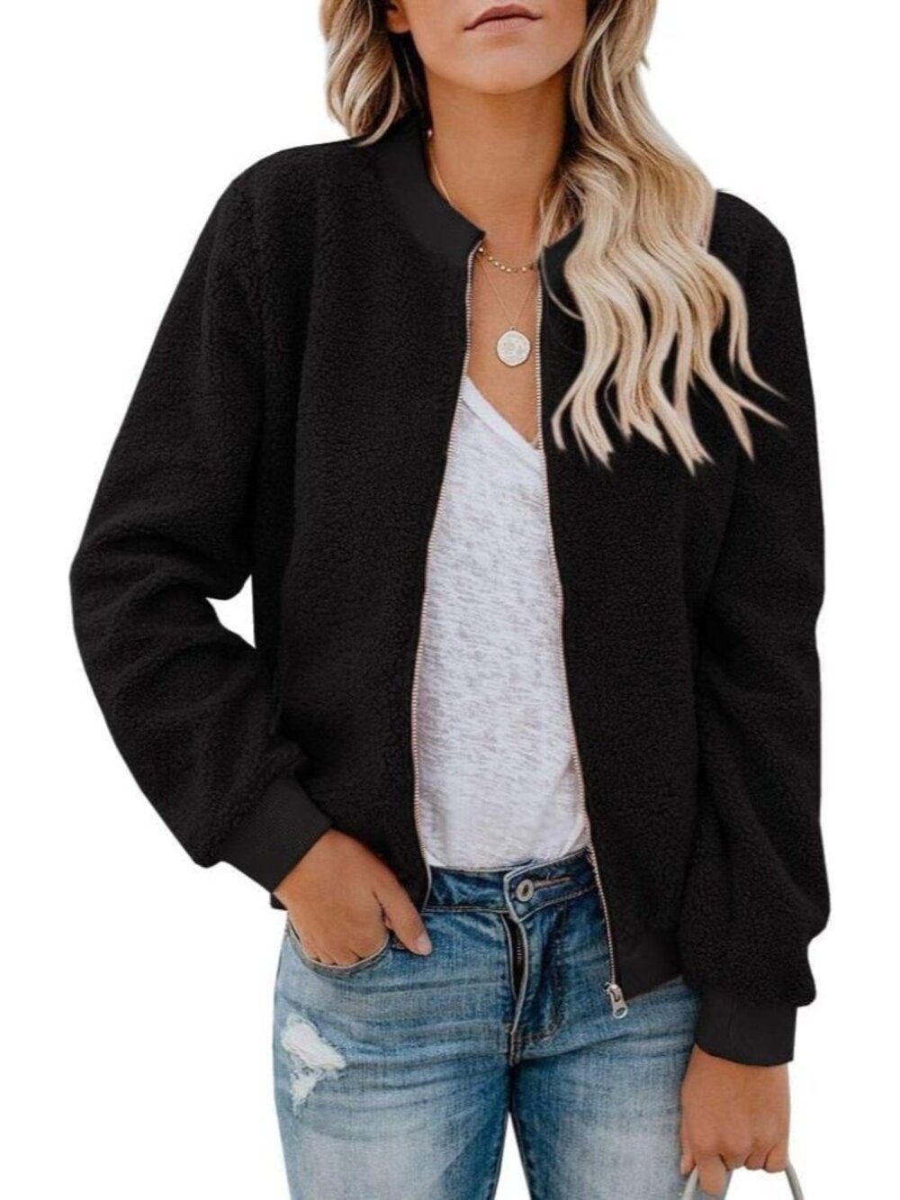 〽️Women's Black Winter Bomber Long Sleeve Faux Sherpa Fuzzy Casual Zip Coat